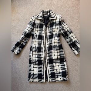 Angel Nina Plaid Wool Blend Coat Women Size 40 Black Cream Long Zip Jacket